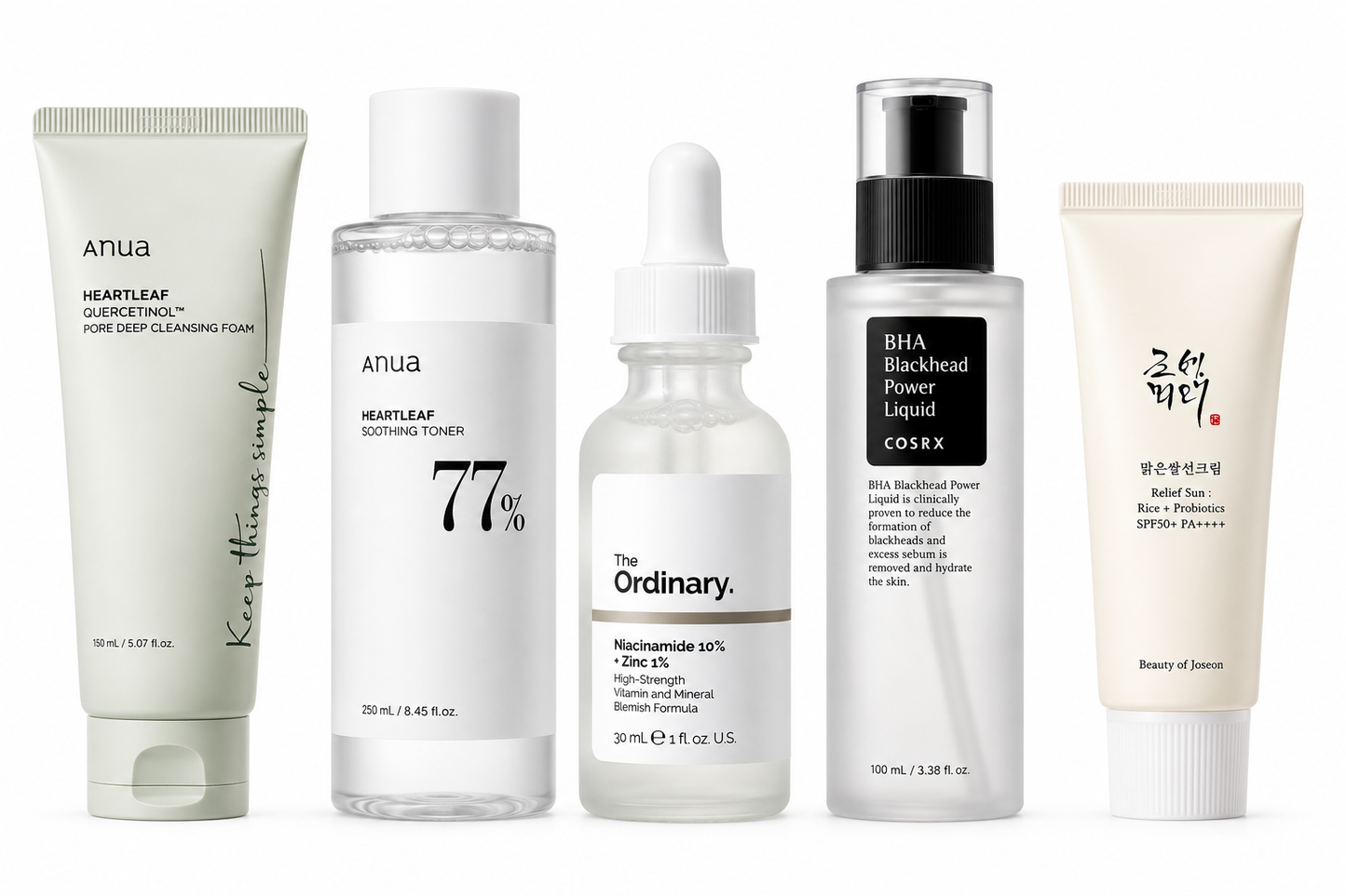 Acne Control & Oil Balancing 5 Piece Korean Skincare Bundle | Anua, COSRX, The Ordinary & Beauty of Joseon
