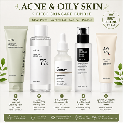 Acne Control & Oil Balancing 5 Piece Korean Skincare Bundle | Anua, COSRX, The Ordinary & Beauty of Joseon