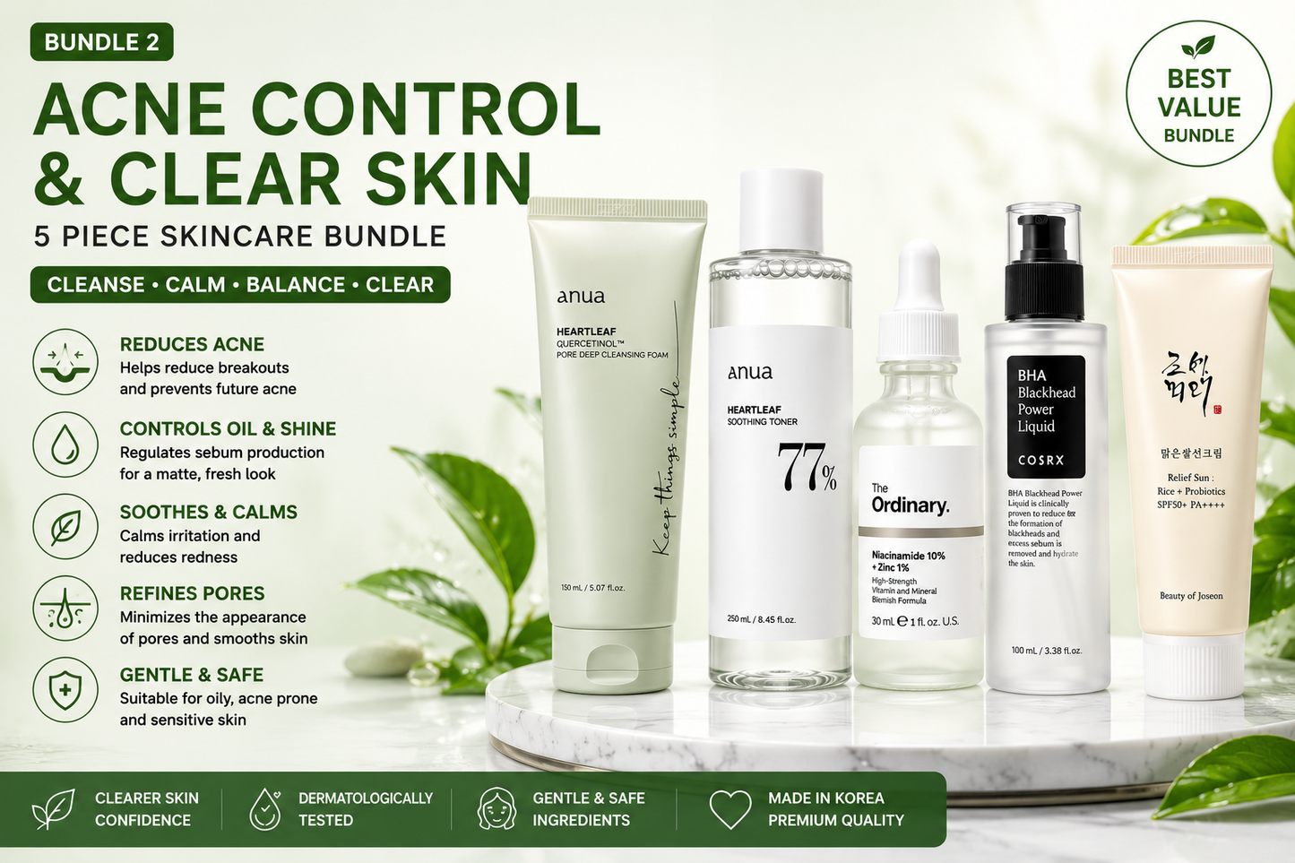 Acne Control & Oil Balancing 5 Piece Korean Skincare Bundle | Anua, COSRX, The Ordinary & Beauty of Joseon