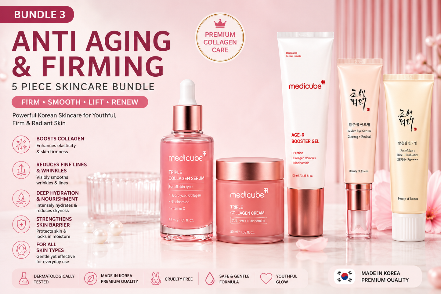 Premium Anti Aging & Collagen Firming 5 Piece Korean Skincare Bundle | Medicube & Beauty of Joseon