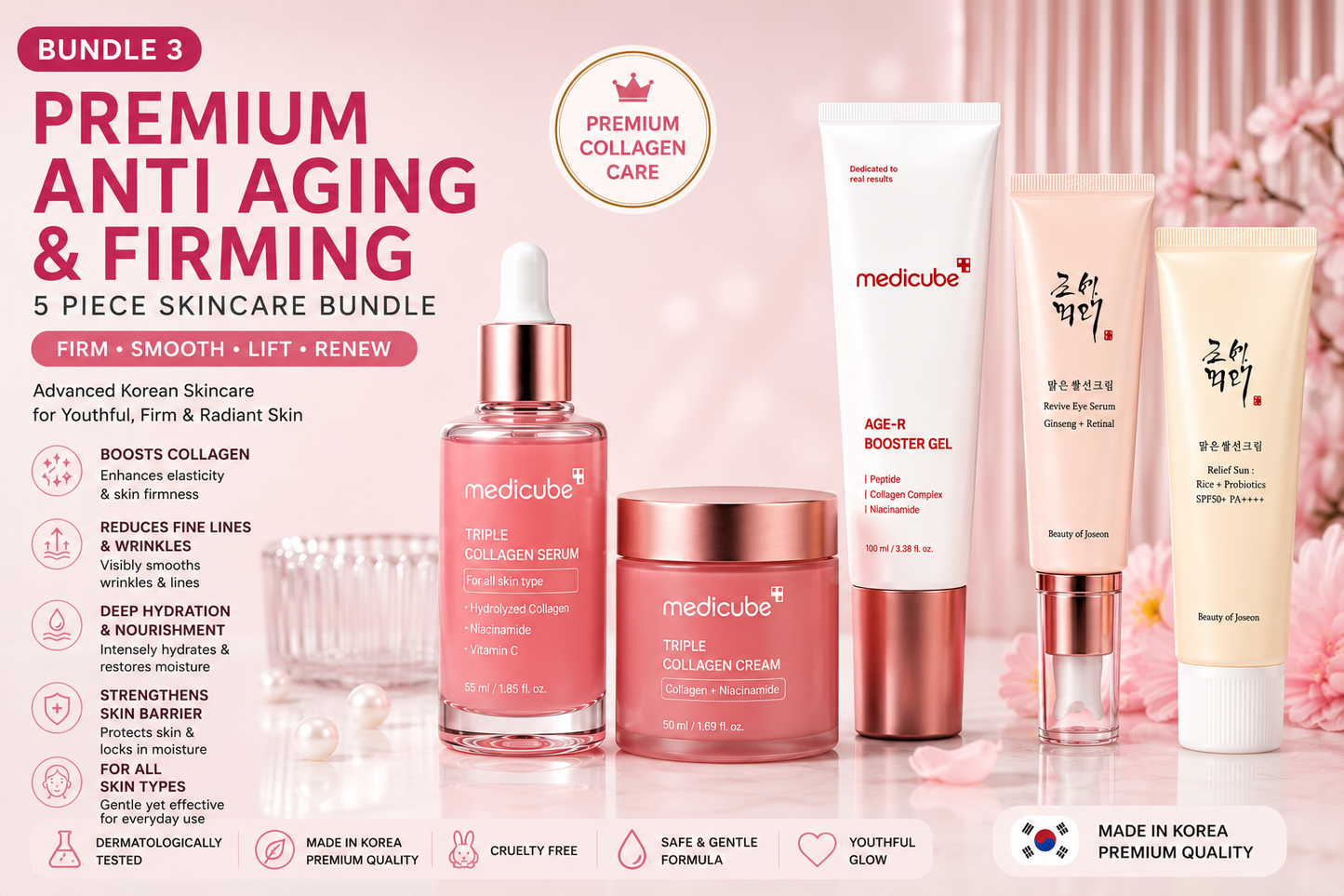 Premium Anti Aging & Collagen Firming 5 Piece Korean Skincare Bundle | Medicube & Beauty of Joseon